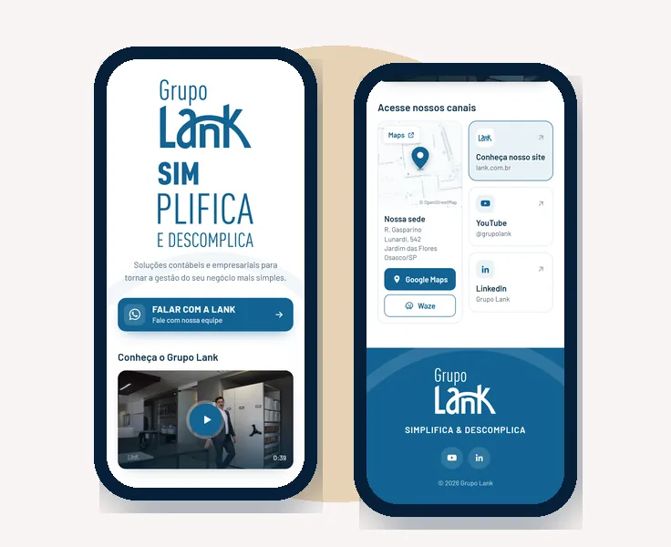 Link na bio do Grupo Lank em dois celulares