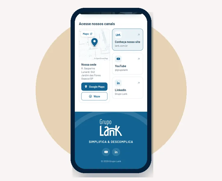 Link na bio do Grupo Lank na tela do celular